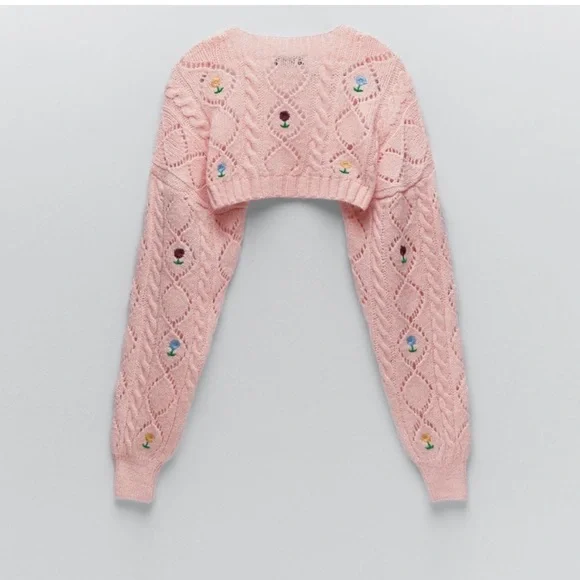 NWT ZARA PINK POINTELLE KNIT CROPPED CARDIGN - Picture 2 of 5